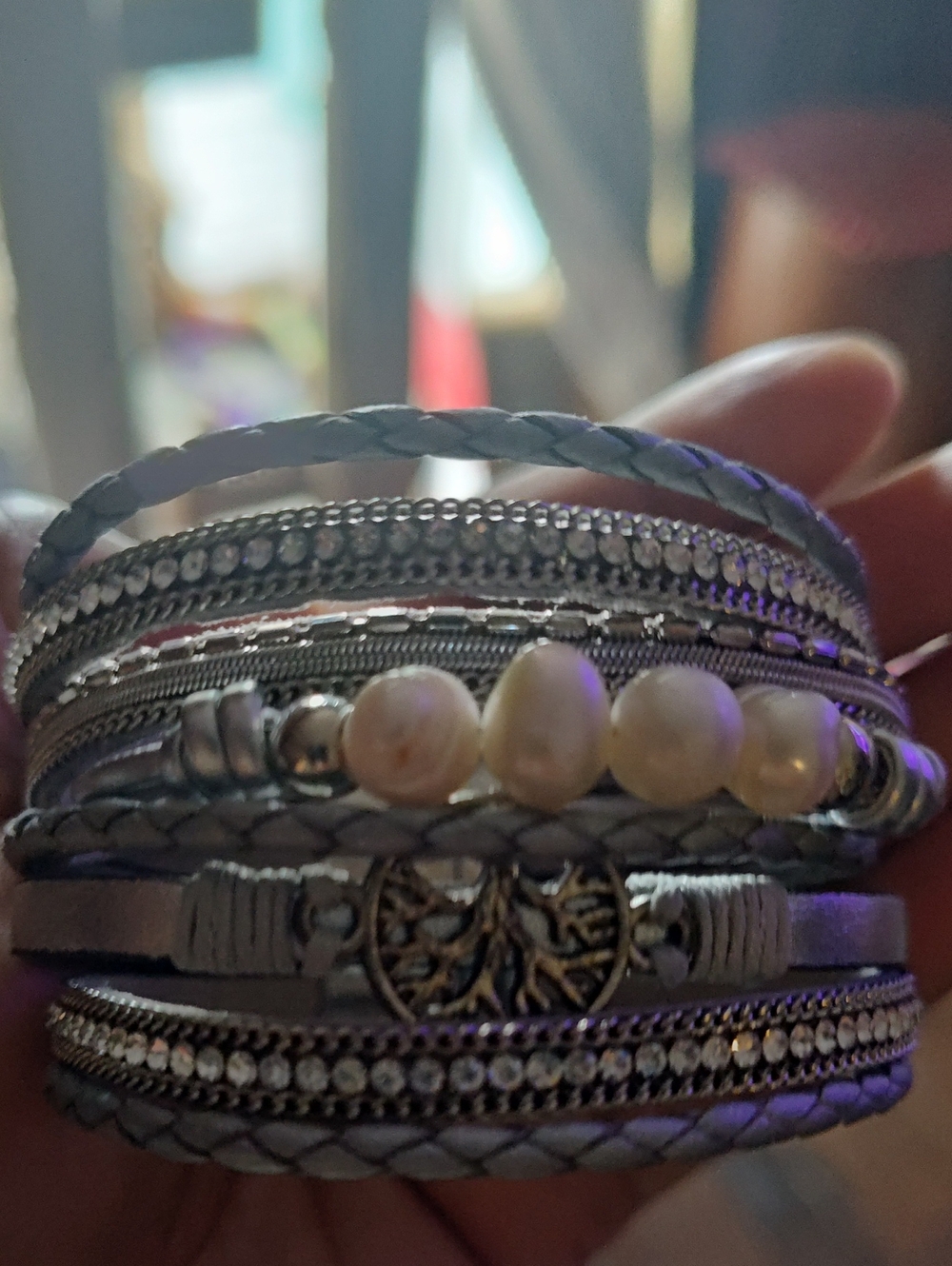 Multi-Chain Silver Tone Bracelet with Bead Accent